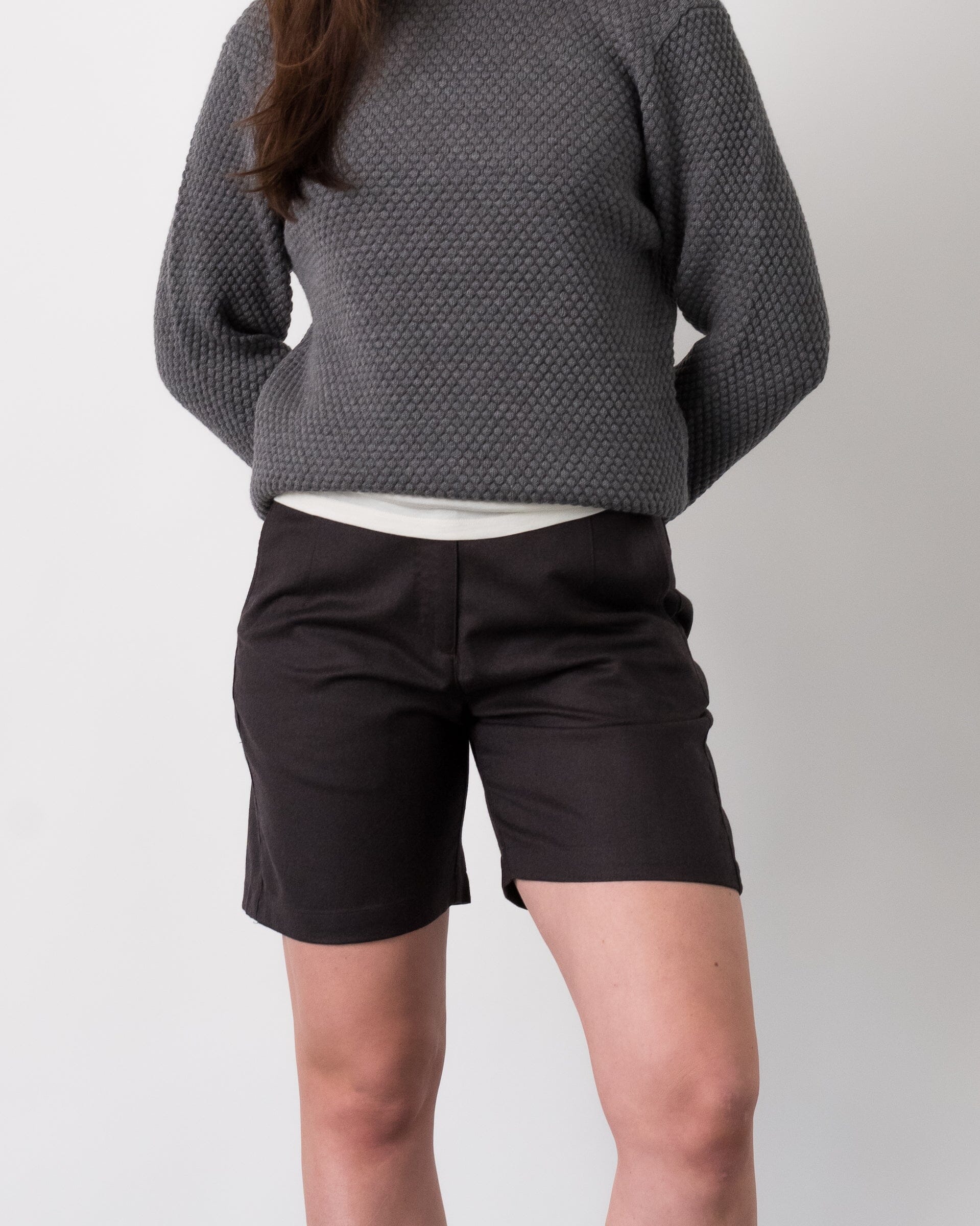 The Womens Light Wool Short in Heather Dark Brown - Full Body 2 #color_heather dark brown