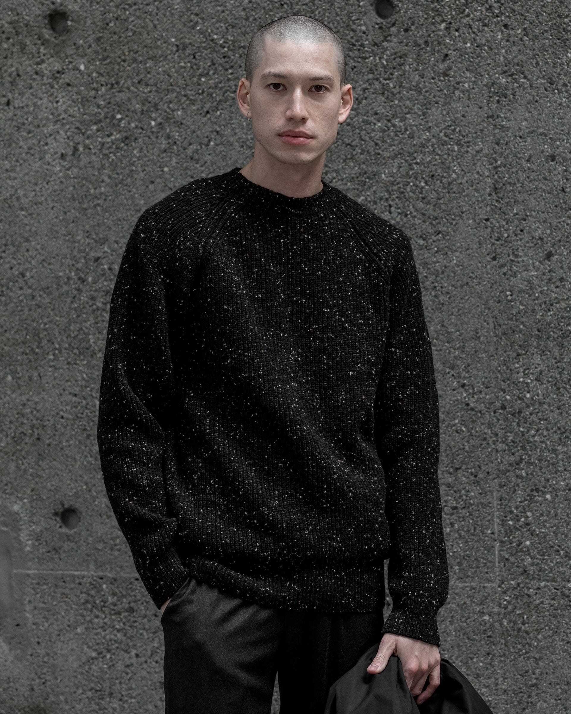 The Men's Fisherman Sweater in Speckled Black - On Model 1 #color_speckled black