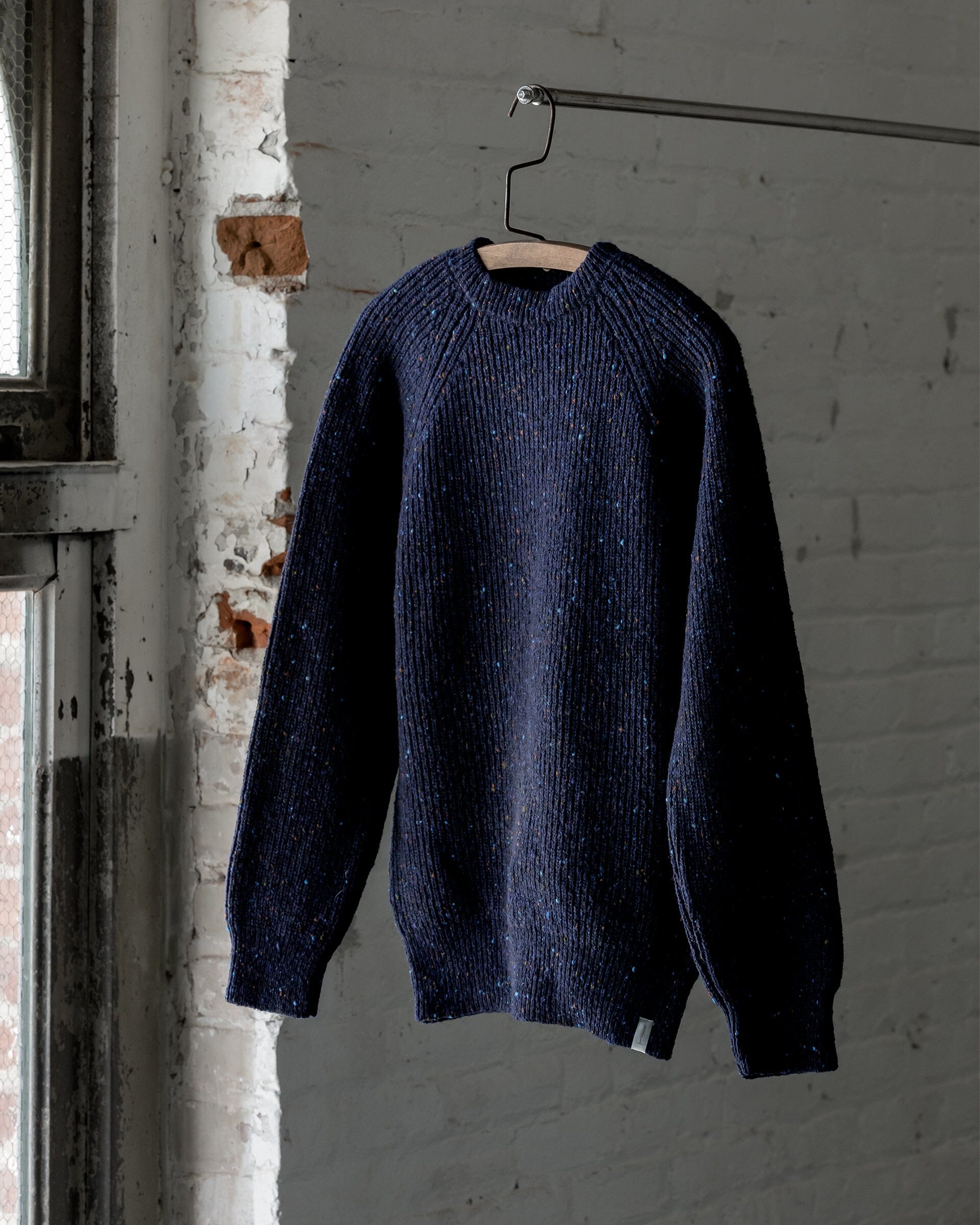 #color_speckled navy The Men's Fisherman Sweater in Speckled Navy Front 