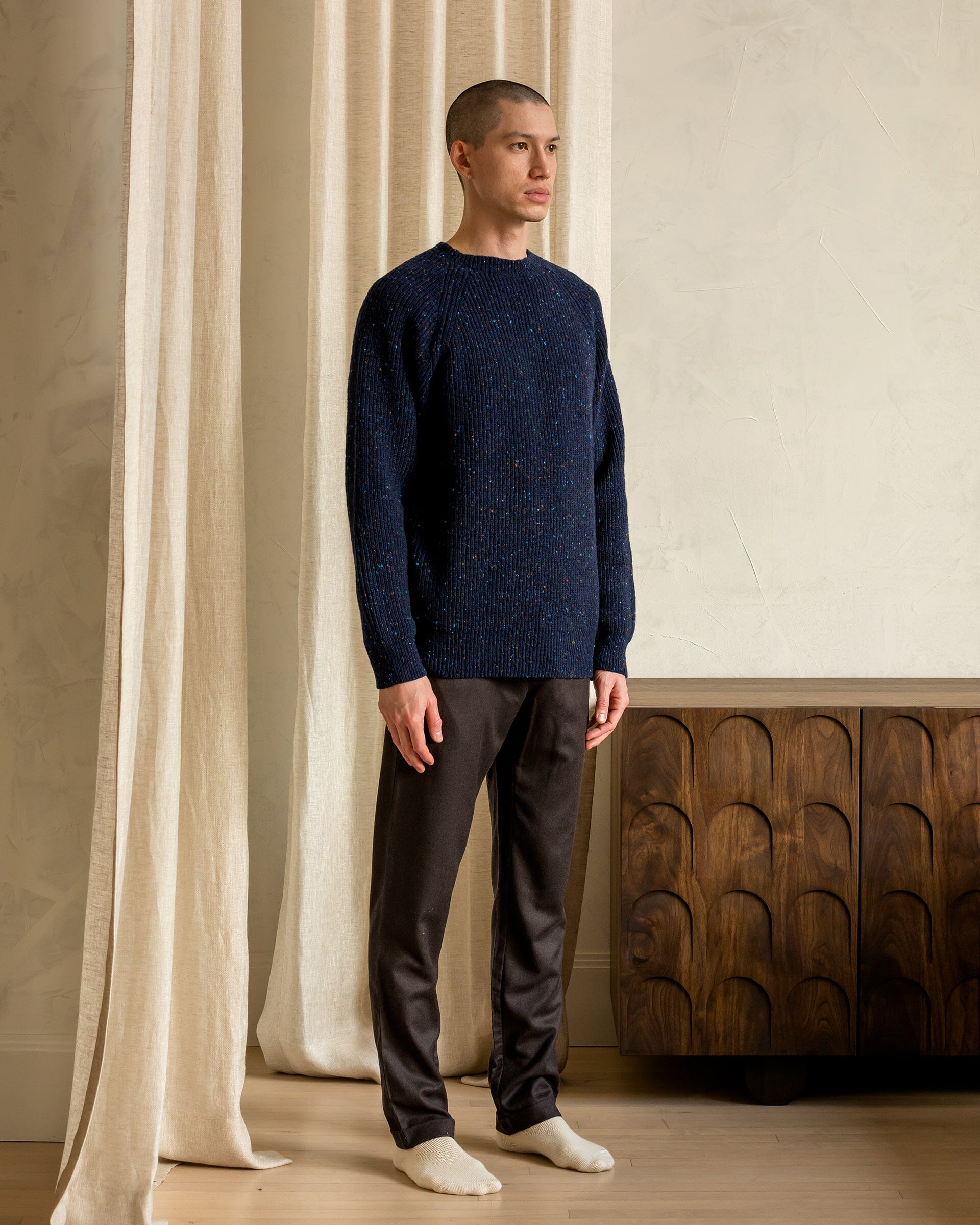 The Men's Fisherman Sweater in Speckled Navy - Lookbook #color_speckled navy