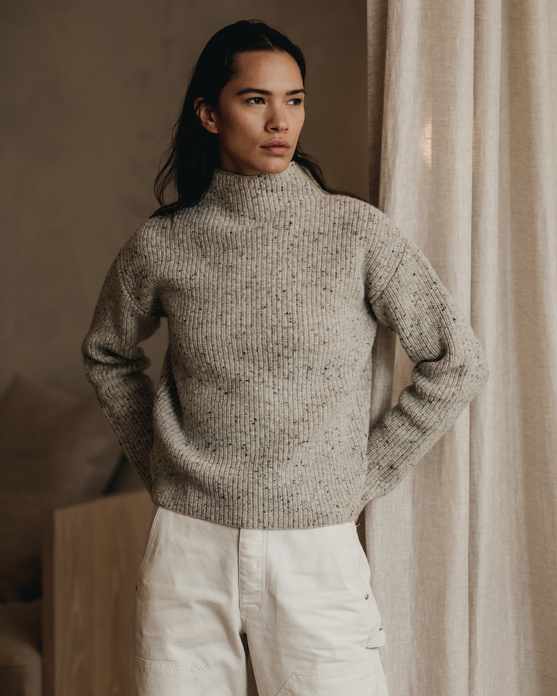 The Women's Fisherman Sweater in Speckled Oat - Lifestyle #color_speckled oat