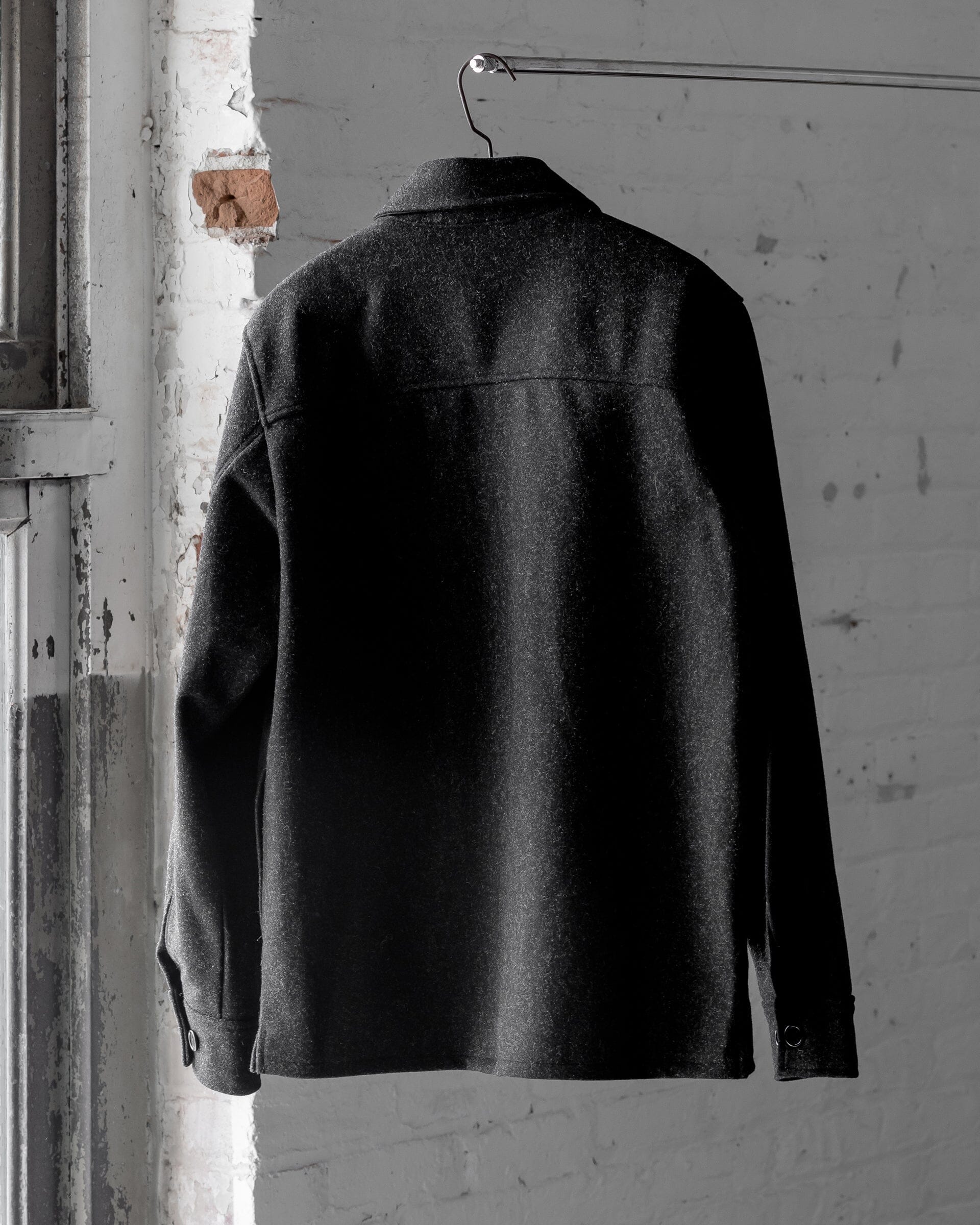 The Mens Wool Harbour Coat in Charcoal - Back #color_charcoal