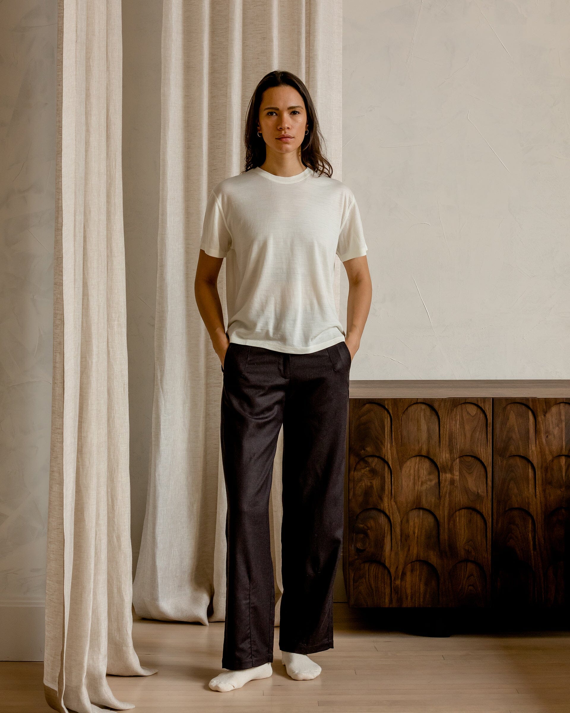 The Womens Light Wool Pant in Heather Dark Brown - On model front #color_heather dark brown
