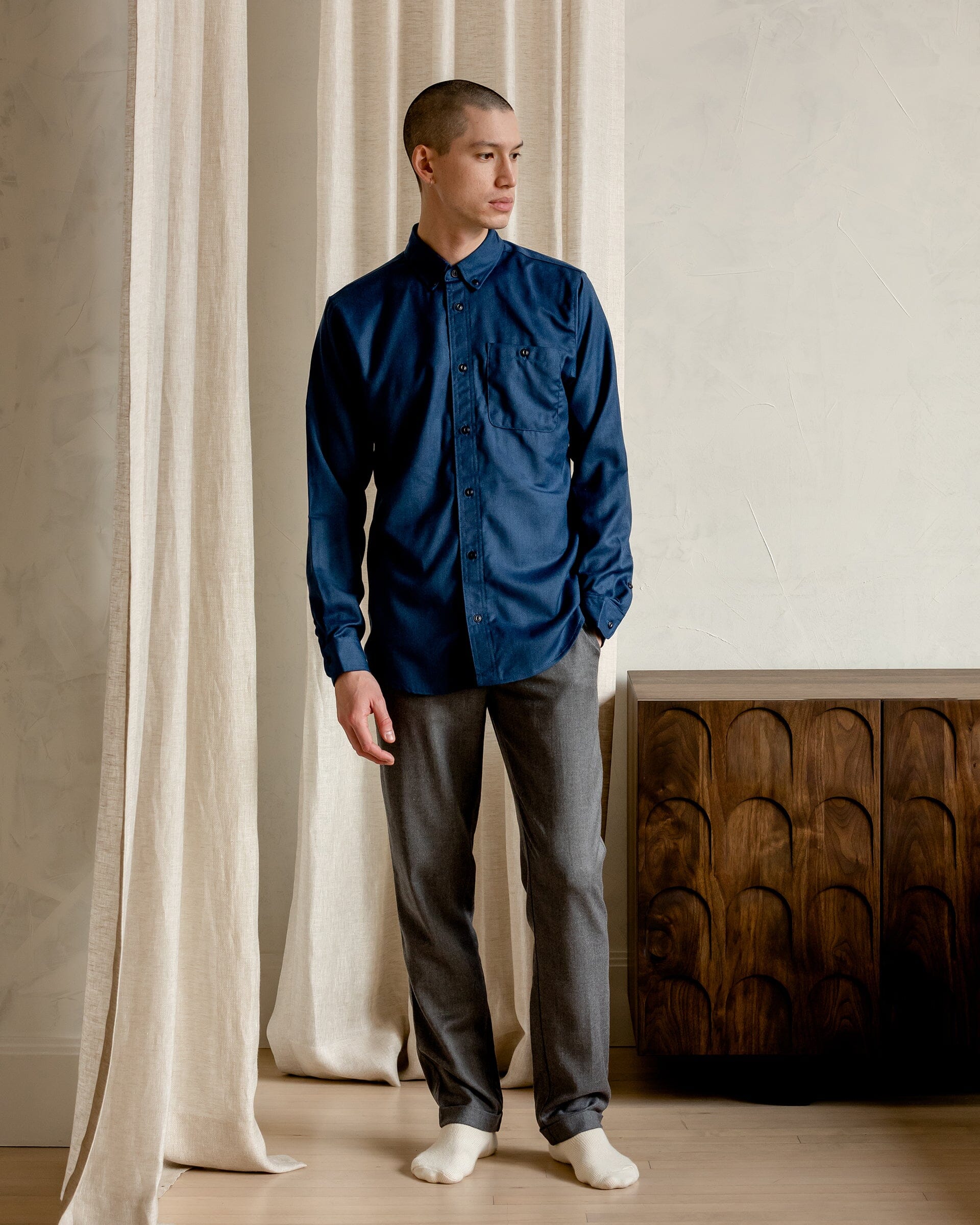 The Mens Light Wool Shirt in Heather Blue - Lookbook 2 #color_heather blue