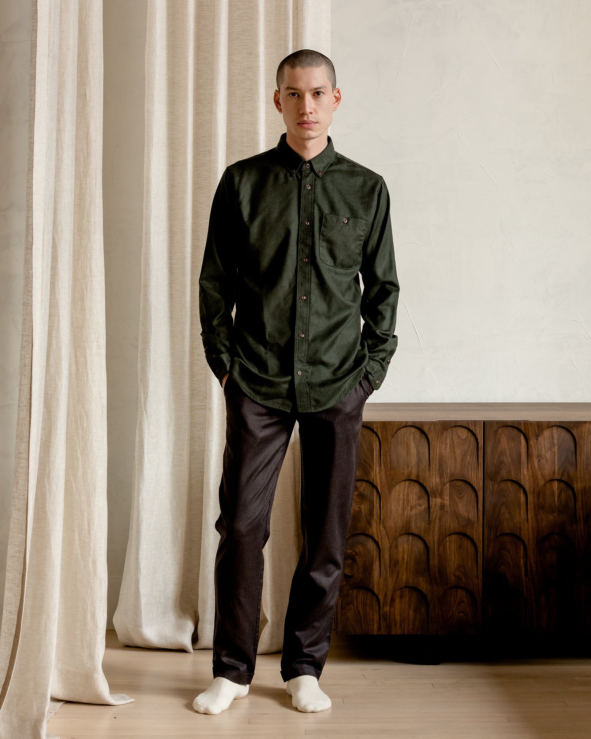 The Mens Light Wool Shirt in Heather Green - Lookbook 2 #color_heather green