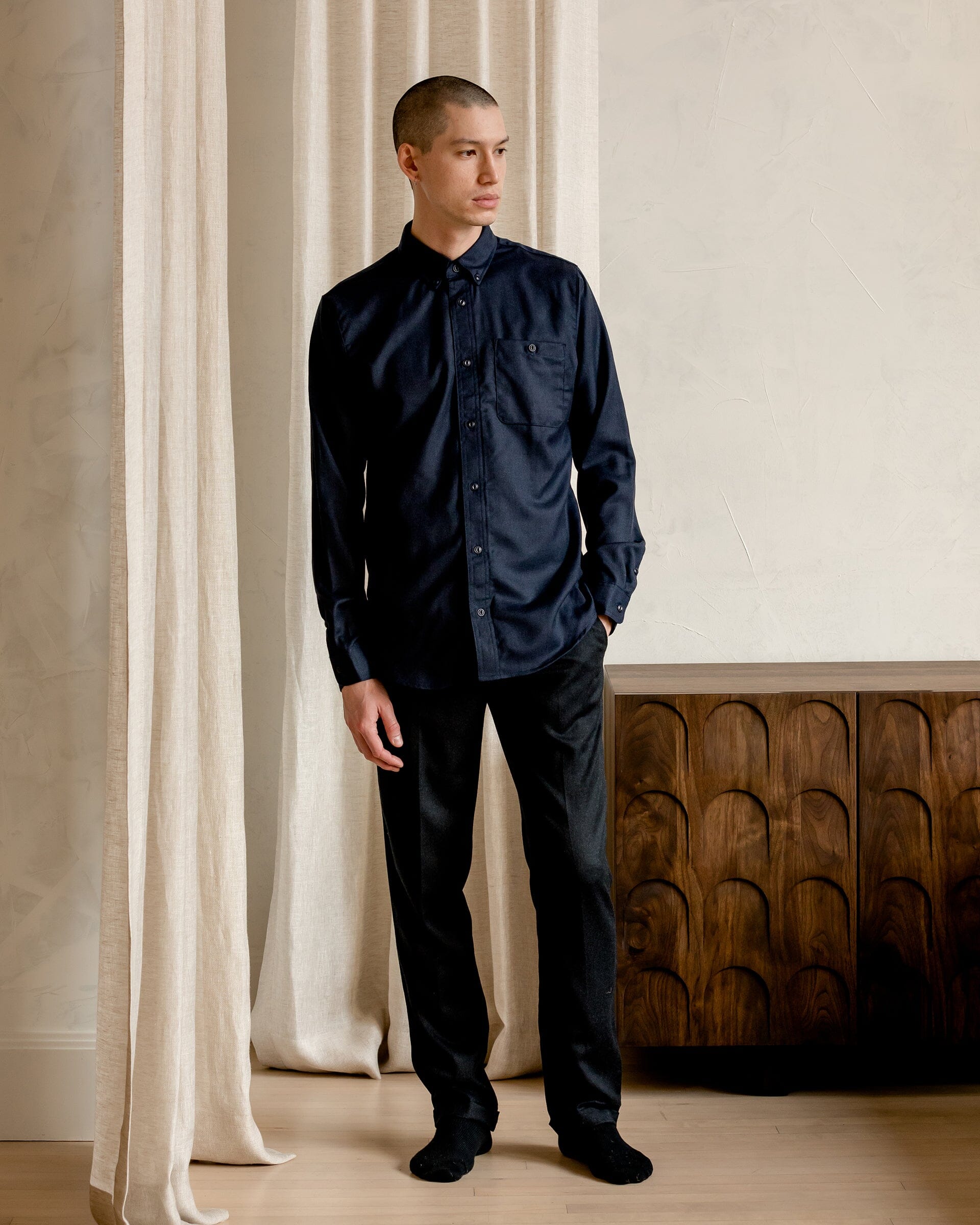 The Mens Light Wool Shirt in Heather Navy - Lookbook 2 #color_heather navy