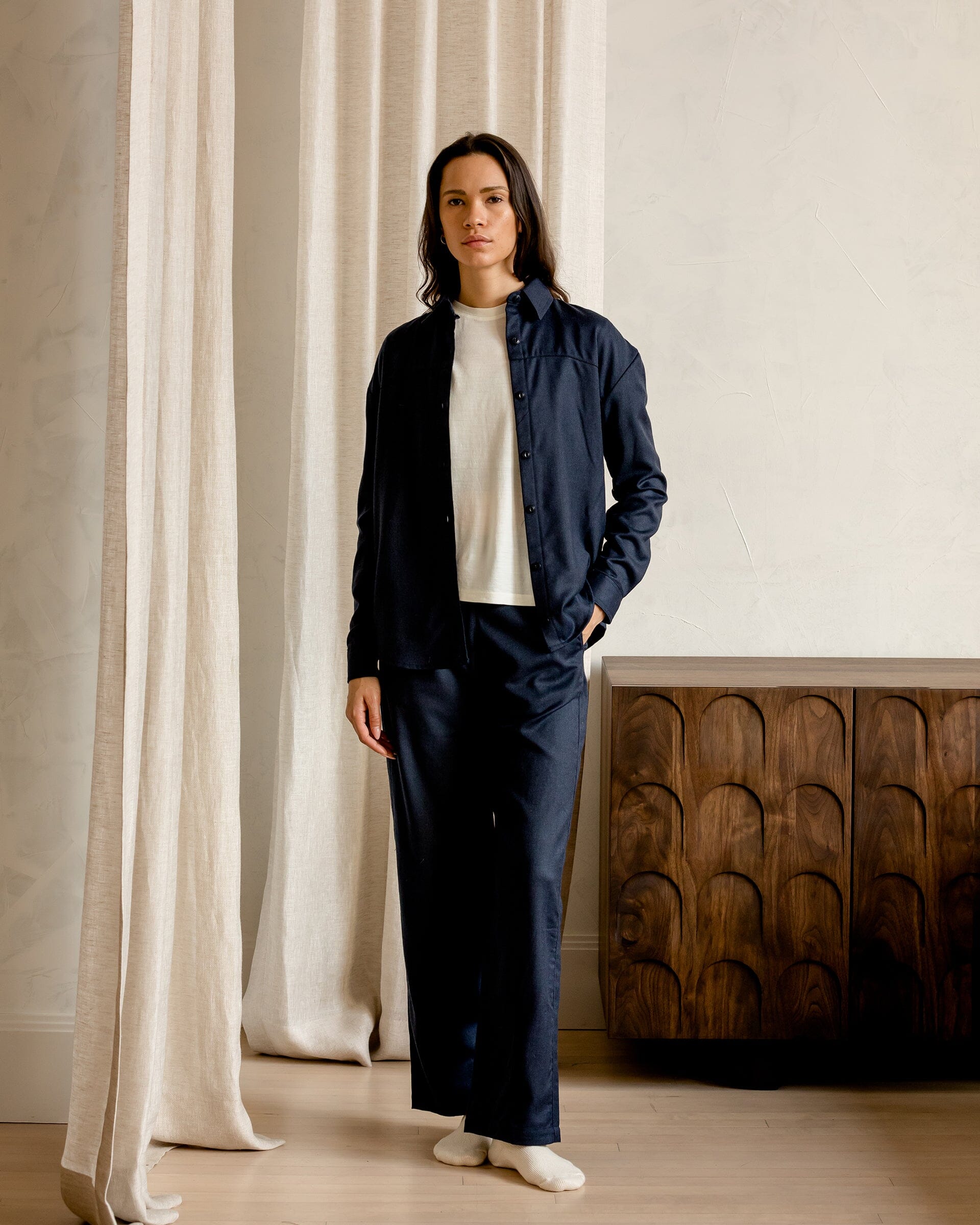 The Womens Light Wool Shirt in Heather Navy - Lookbook 2 #color_heather navy