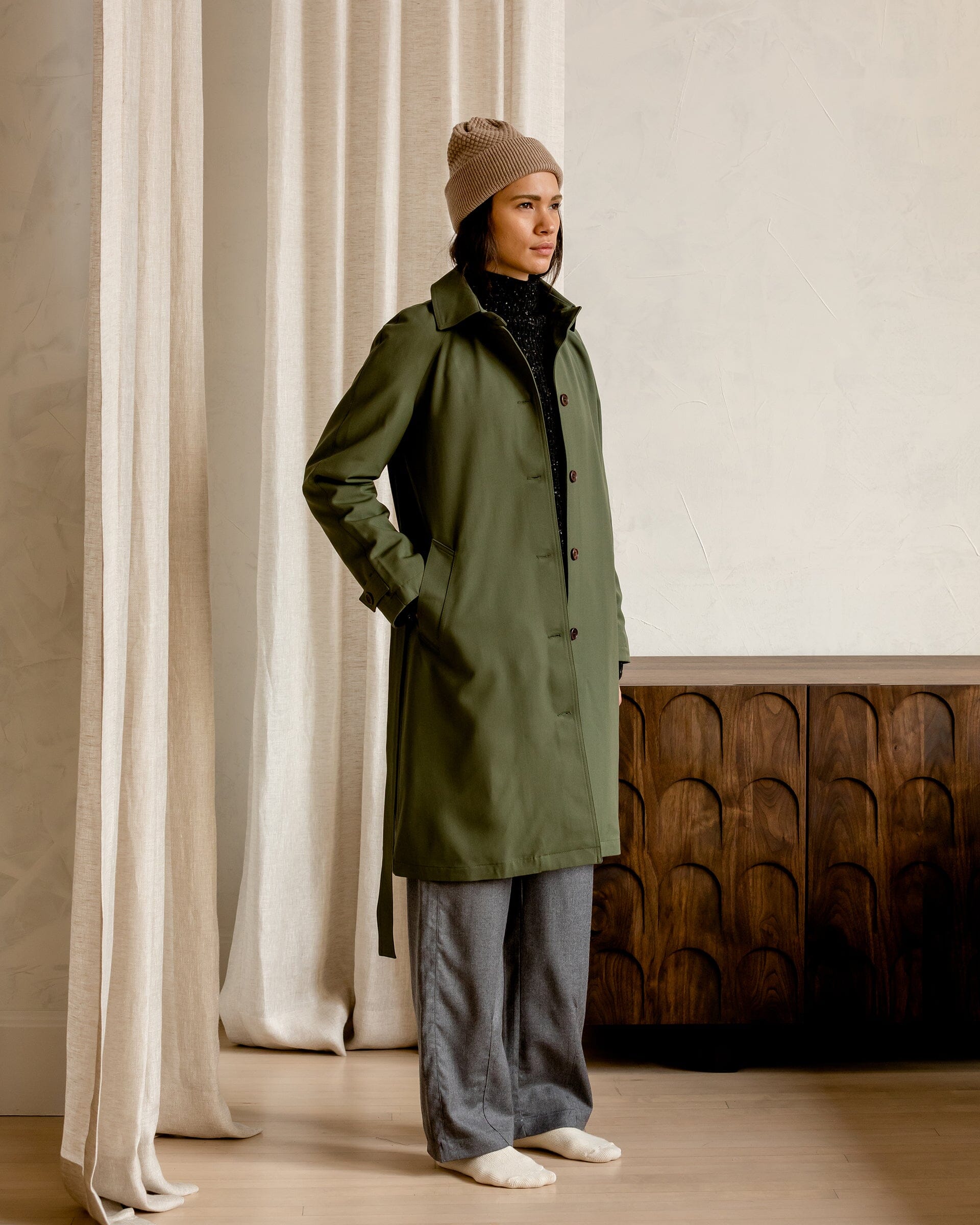 The Marzotto Trench in Moss Green - Lookbook #color_moss green