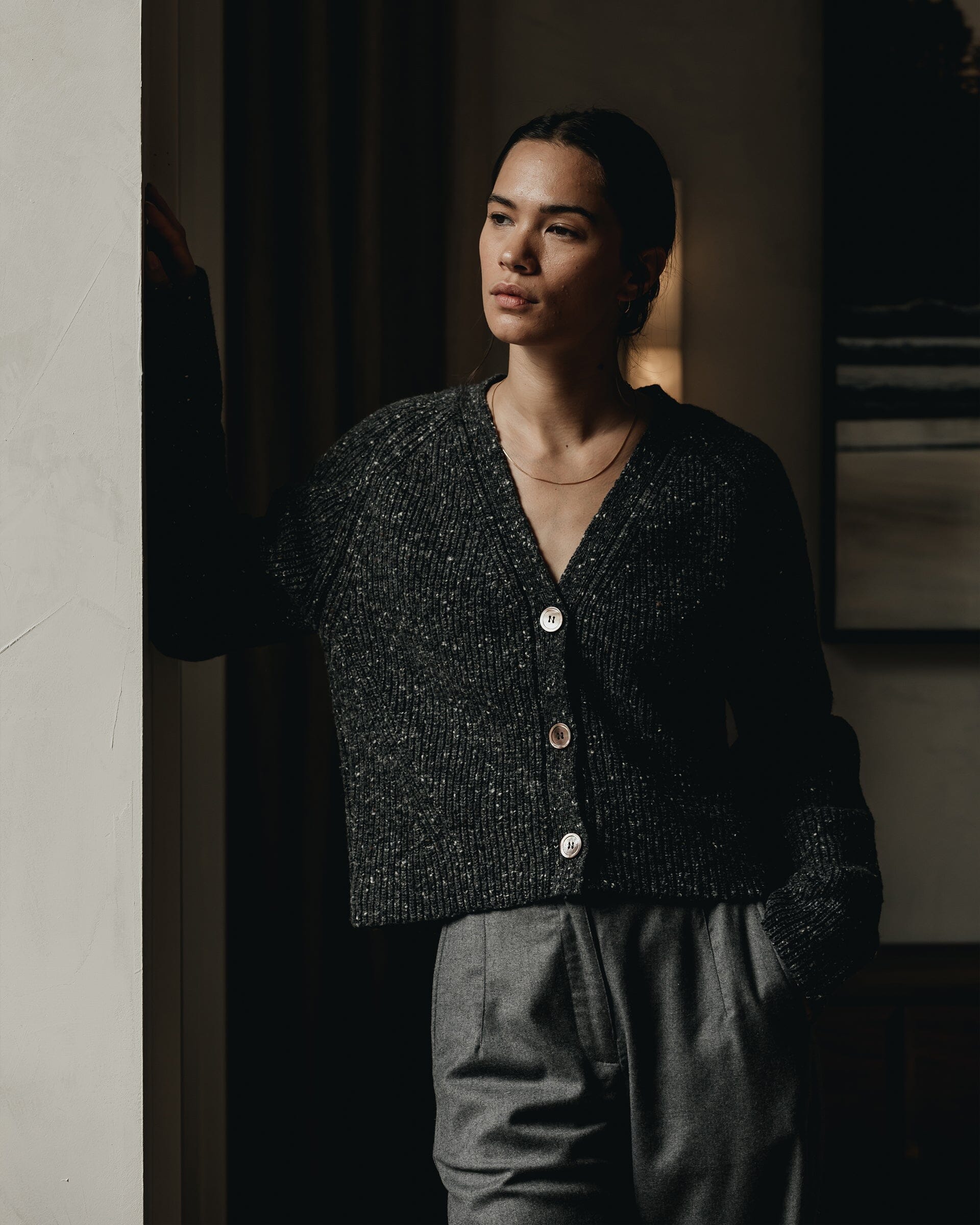 The Port Cardigan Speckled Charcoal - Lifestyle 1 #color_speckled charcoal