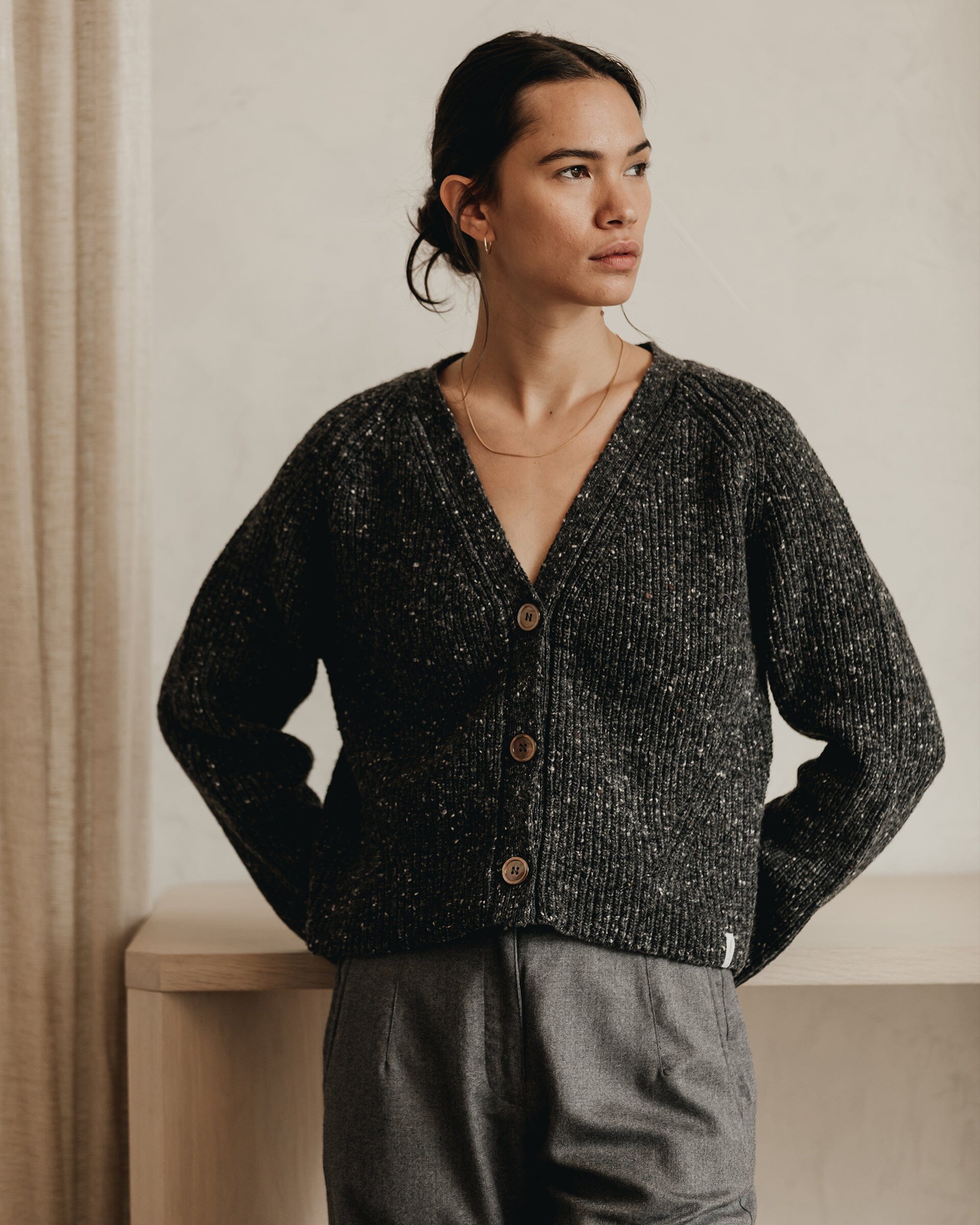 The Port Cardigan Speckled Charcoal - Lifestyle 2 #color_speckled charcoal