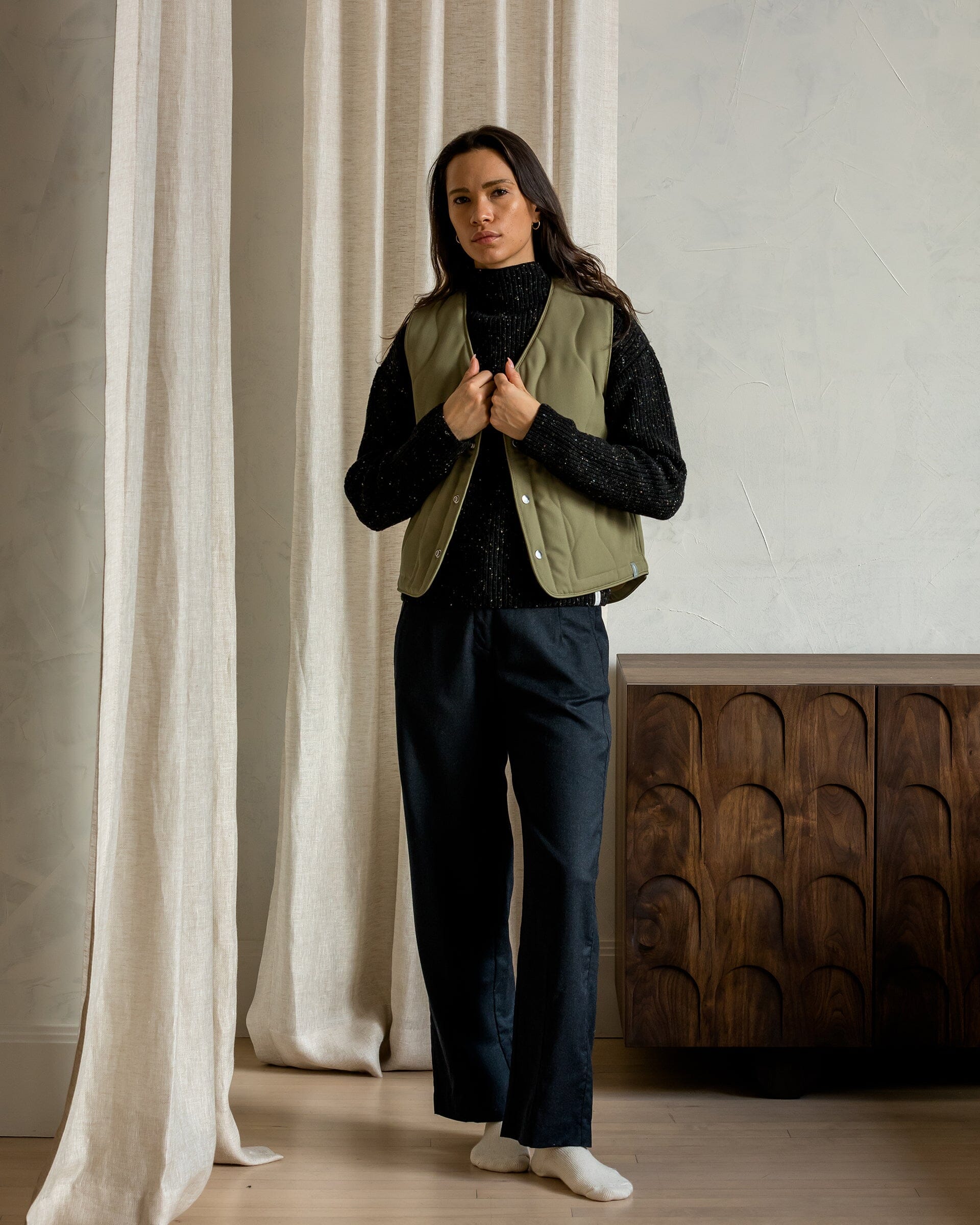The Womens Quilted Wool Vest in Lichen - Lookbook 2 #color_lichen