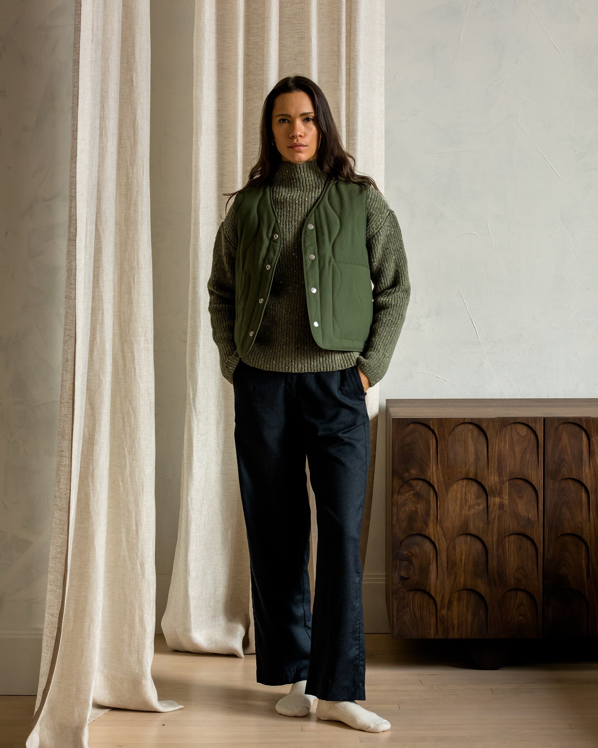 The Womens Quilted Wool Vest in Moss Green - Lookbook 2 #color_moss green