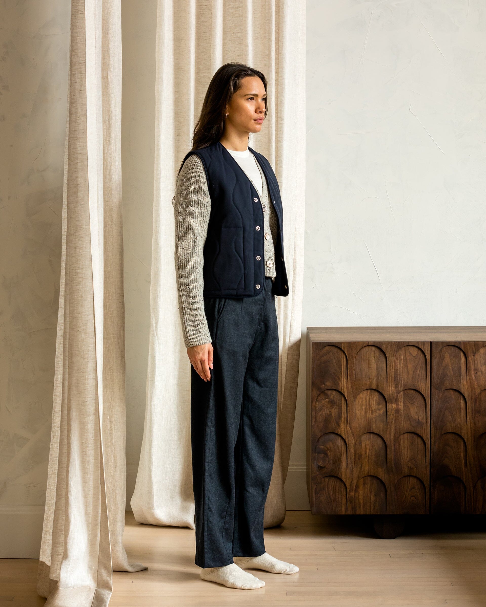 The Womens Quilted Wool Vest in Navy - Lookbook #color_navy
