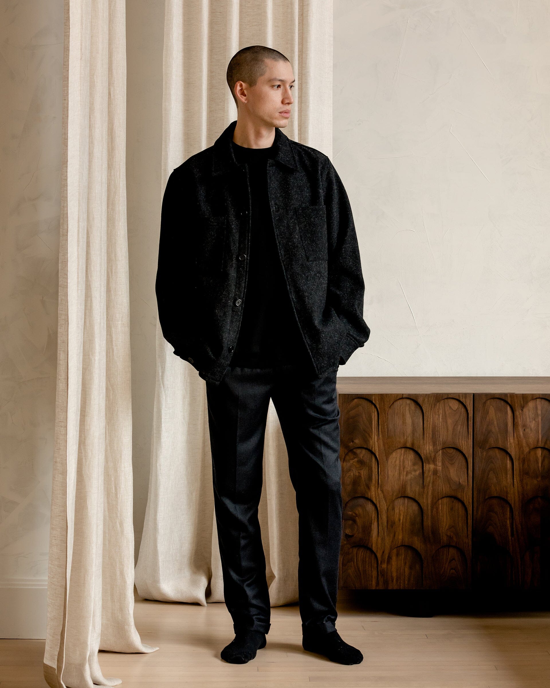 The Mens Wool Harbour Coat in Charcoal - Lookbook 1 #color_charcoal