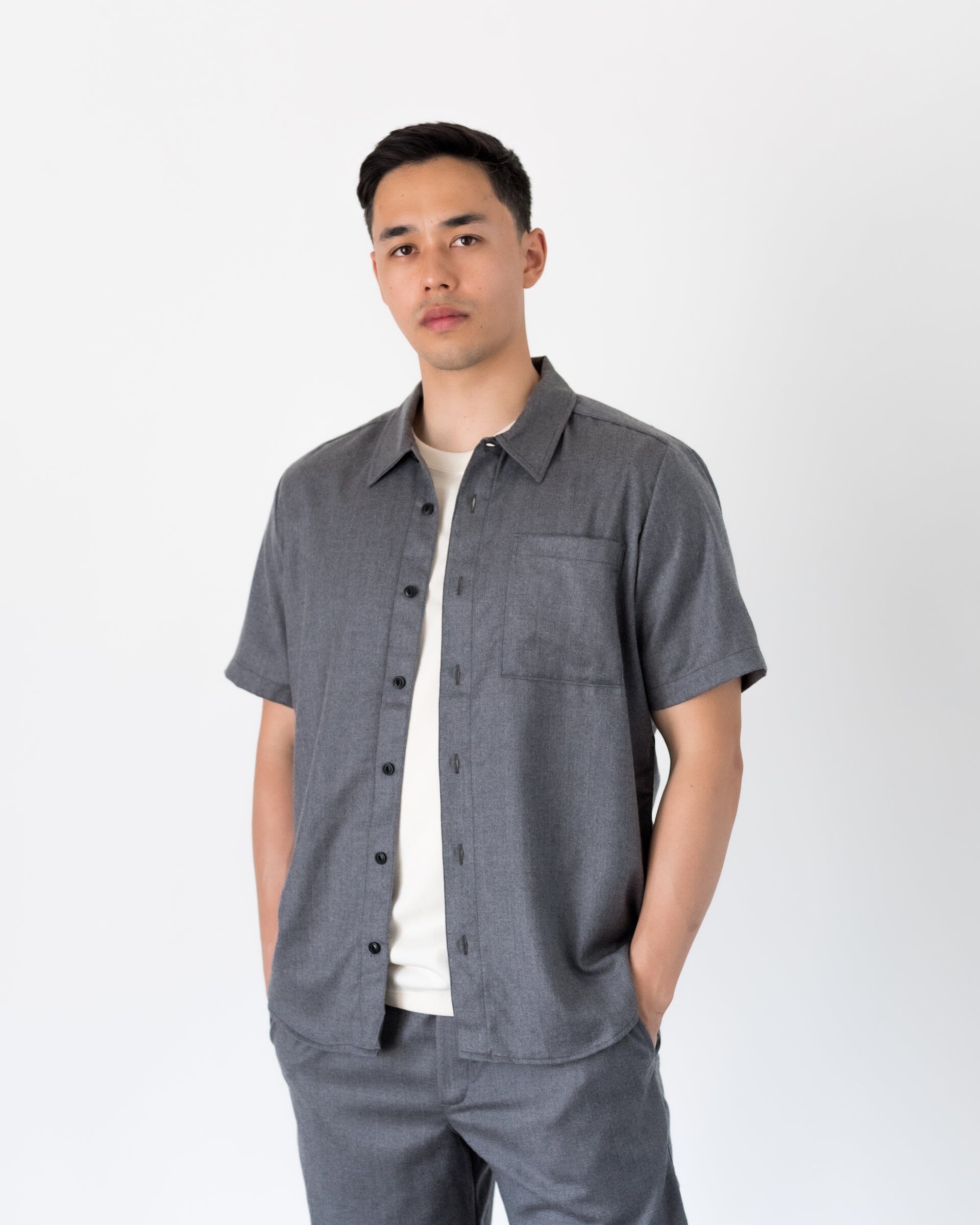 The Light Wool Short Sleeve Shirt in Heather Grey - Full Body 2 #color_heather grey
