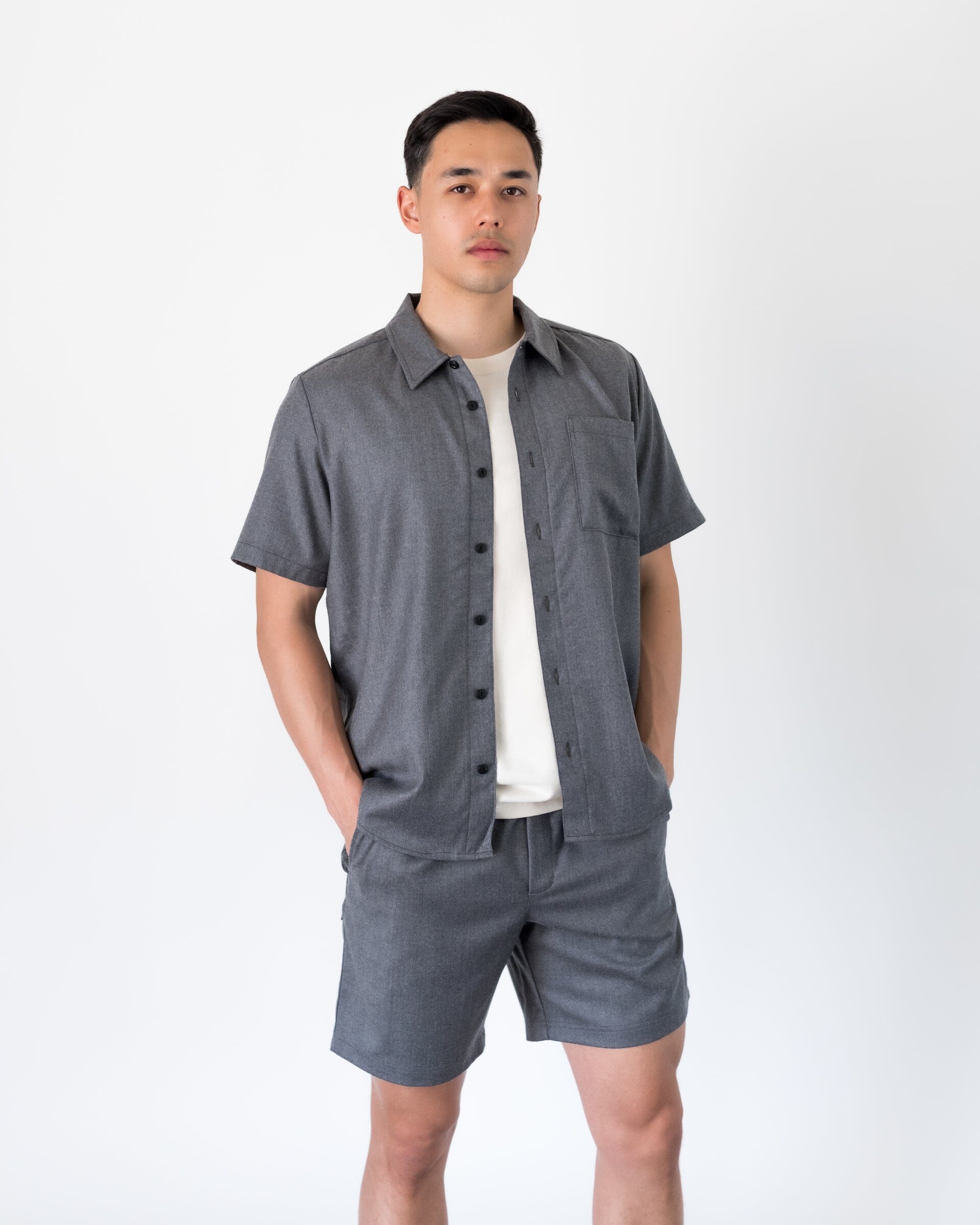 The Light Wool Short Sleeve Shirt in Heather Grey - Full Body 1 #color_heather greyy