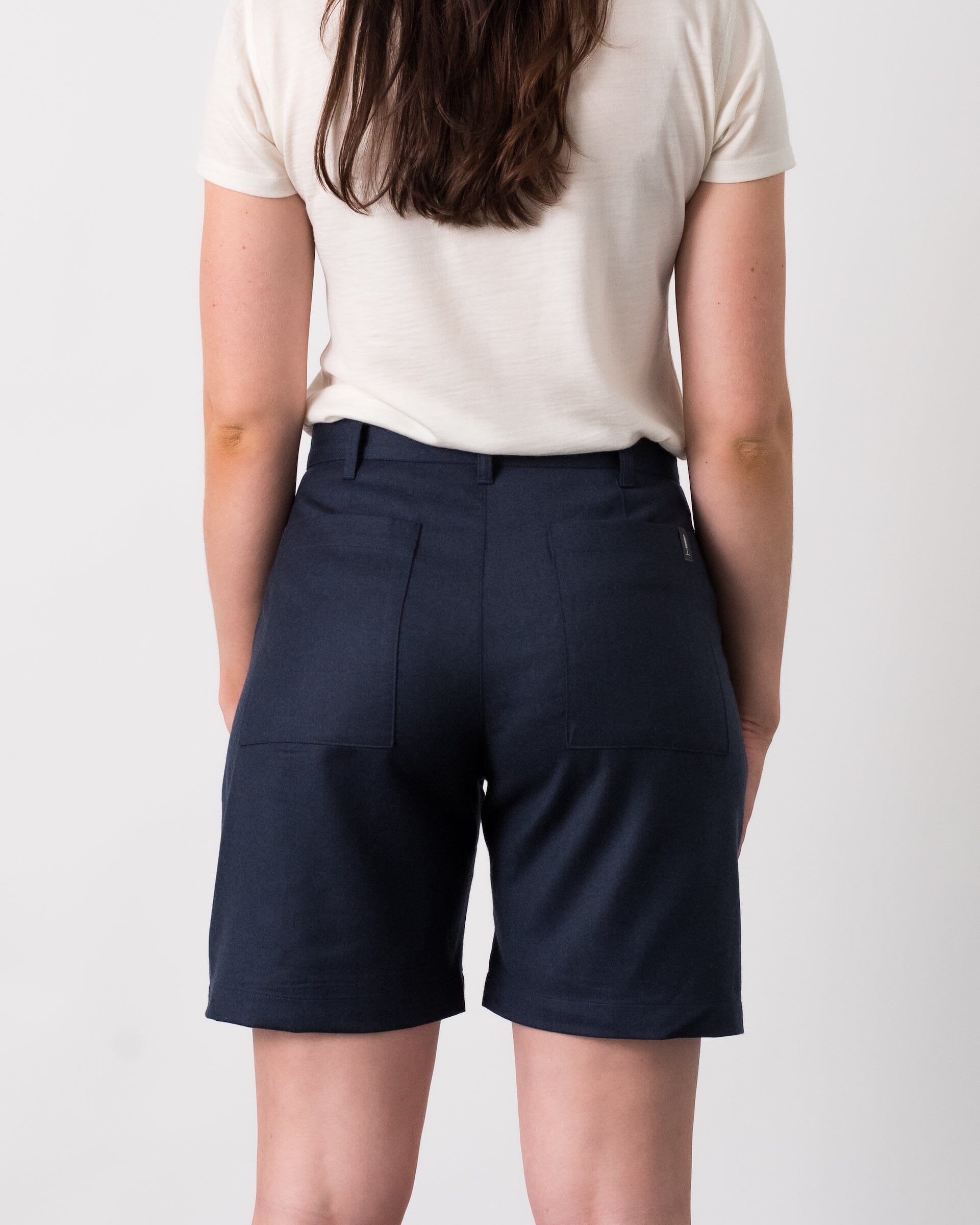 The Womens Light Wool Short in Heather Navy - Full Body 3 #color_heather navy