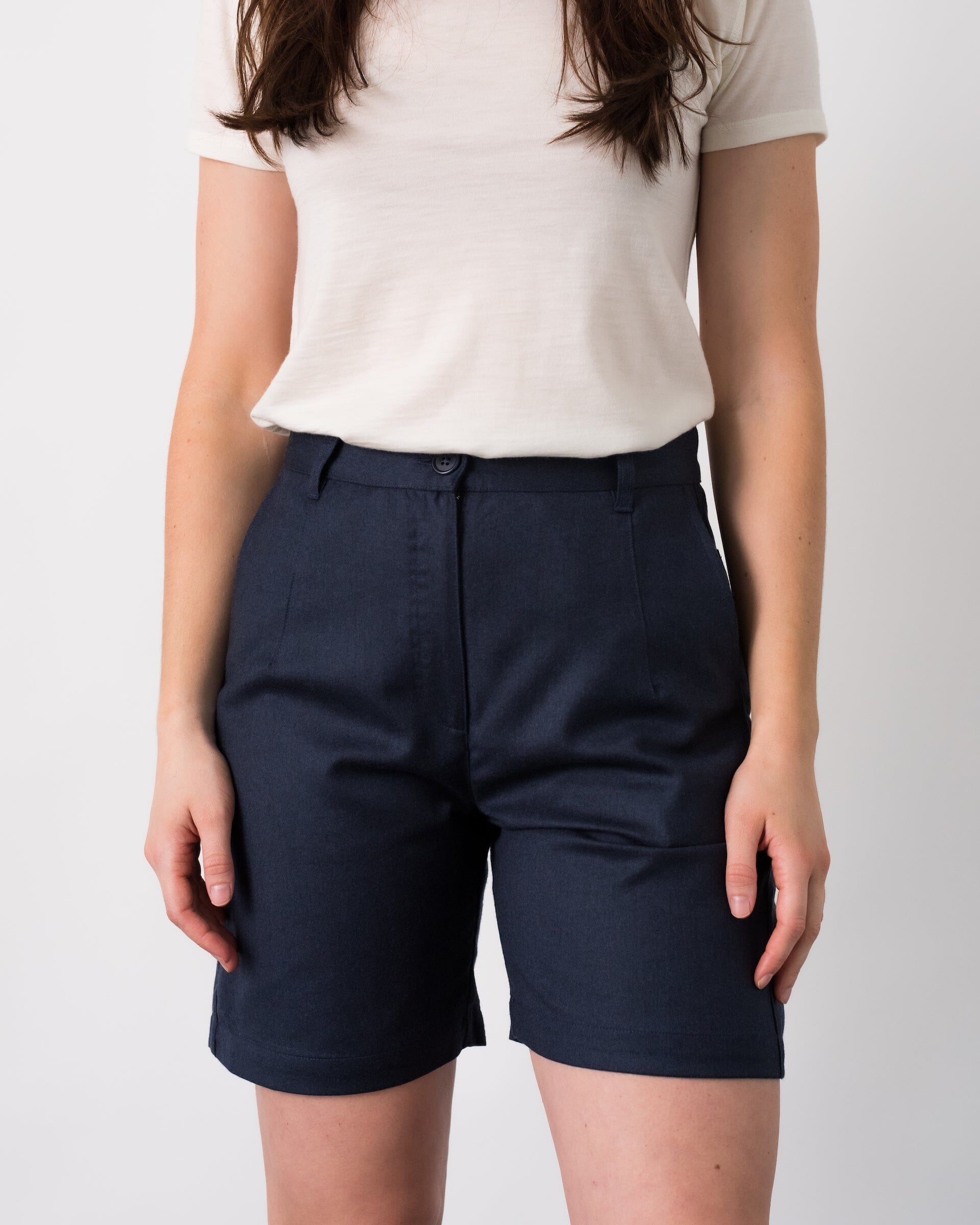 The Womens Light Wool Short in Heather Navy - Full Body 1 #color_heather navy