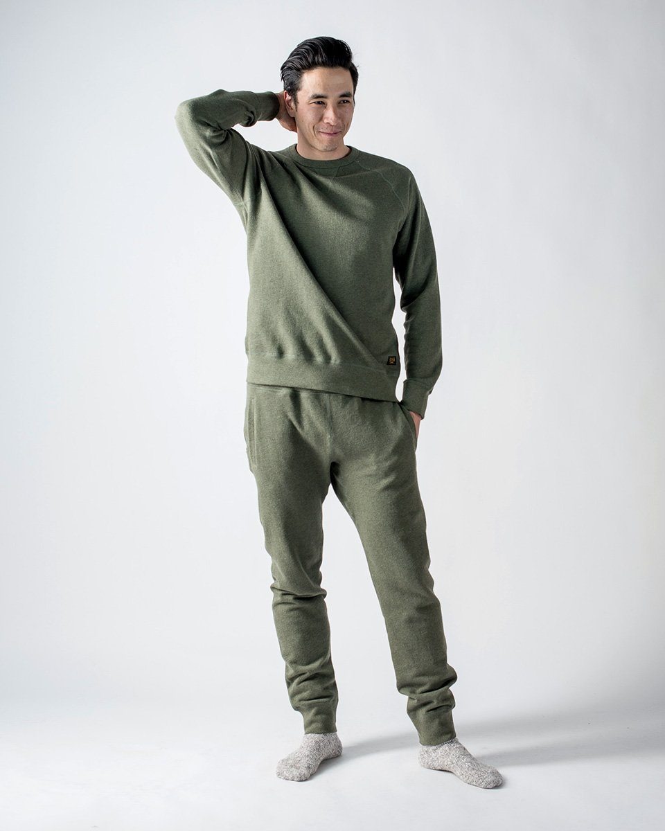 Sitka - ecologyst Men's Organic Mid Weight Terry French Cotton Crewneck Sweatpants - Heather Moss Green - The 375 Terry Crew Sweatpant - Front