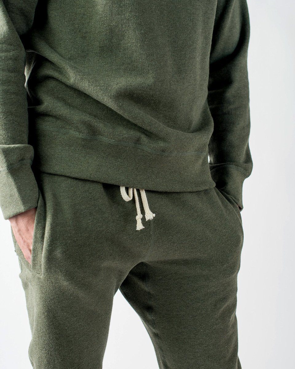 Sitka ecologyst Men's Organic Mid Weight Terry French Cotton Crewneck Sweatpants - Heather Moss Green - The 375 Terry Crew Sweatpant - Hem Detail